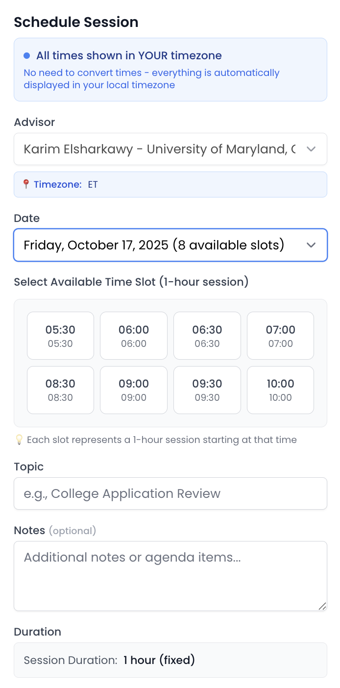 Schedule session interface